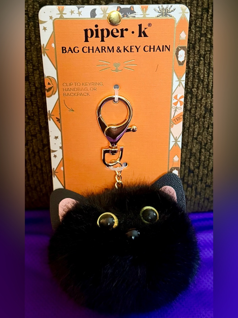 Piper Black Faux Fur Cat Pom Bag Charm with Pink Ear Accents & Gold Hardware